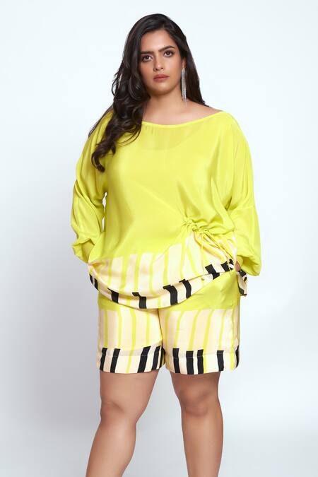 Shop Neetiandmudita Yellow Crepe Piano Keys Wide Neck Pattern Top With Shorts Online at Aza Fashions Shop_Neetiandmudita_Yellow Crepe Piano Keys Wide Neck Pattern Top With Shorts _Online_at_Aza_Fashions