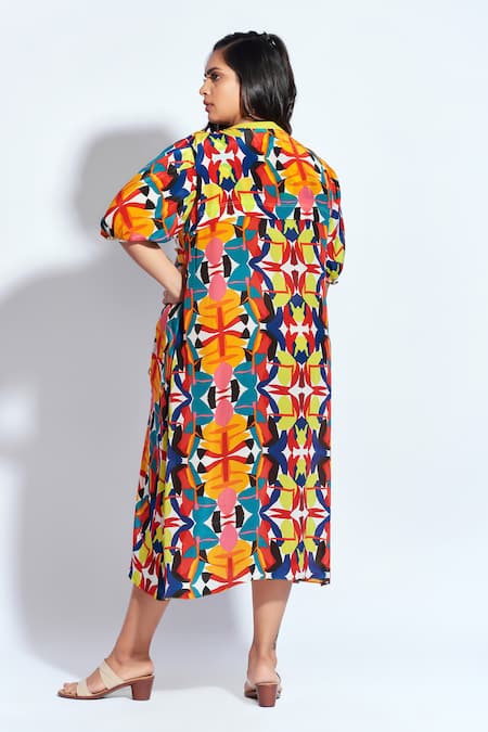 Shop Neetiandmudita Multi Color Crepe Abstract Ribbed Collar Ruched Front Midi Dress at Aza Fashions Shop_Neetiandmudita_Multi Color Crepe Abstract Ribbed Collar Ruched Front Midi Dress _at_Aza_Fashions