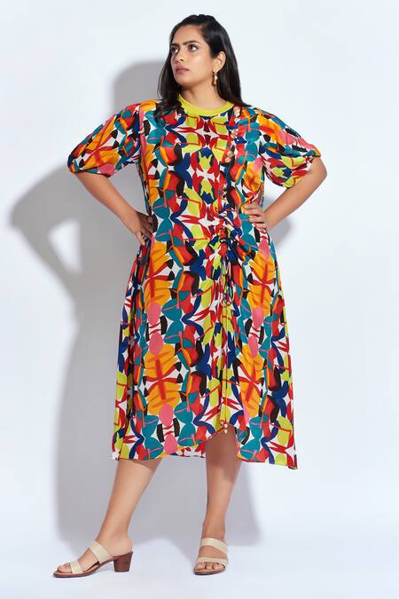Neetiandmudita Multi Color Crepe Abstract Ribbed Collar Ruched Front Midi Dress Online at Aza Fashions Neetiandmudita_Multi Color Crepe Abstract Ribbed Collar Ruched Front Midi Dress _Online_at_Aza_Fashions