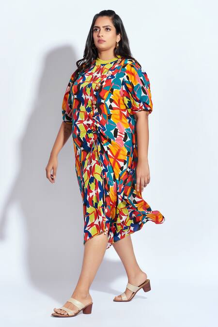 Buy Neetiandmudita Multi Color Crepe Abstract Ribbed Collar Ruched Front Midi Dress Online at Aza Fashions Buy_Neetiandmudita_Multi Color Crepe Abstract Ribbed Collar Ruched Front Midi Dress _Online_at_Aza_Fashions