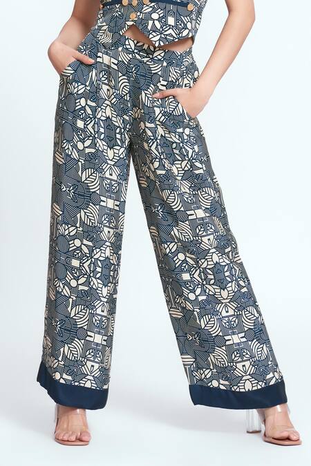 Neetiandmudita Blue Crepe Mandala V Neck Pattern Waist-coat With Culotte Pant Online at Aza Fashions Neetiandmudita_Blue Crepe Mandala V Neck Pattern Waist-coat With Culotte Pant _Online_at_Aza_Fashions