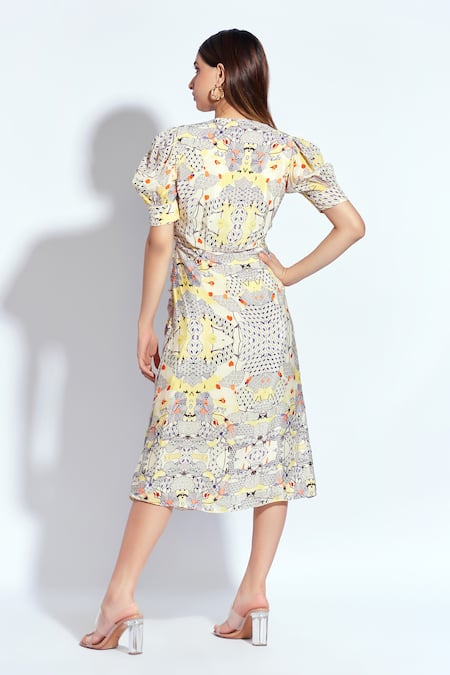 Shop Neetiandmudita Multi Color Crepe Abstract V Neck Print Drape Dress at Aza Fashions Shop_Neetiandmudita_Multi Color Crepe Abstract V Neck Print Drape Dress _at_Aza_Fashions