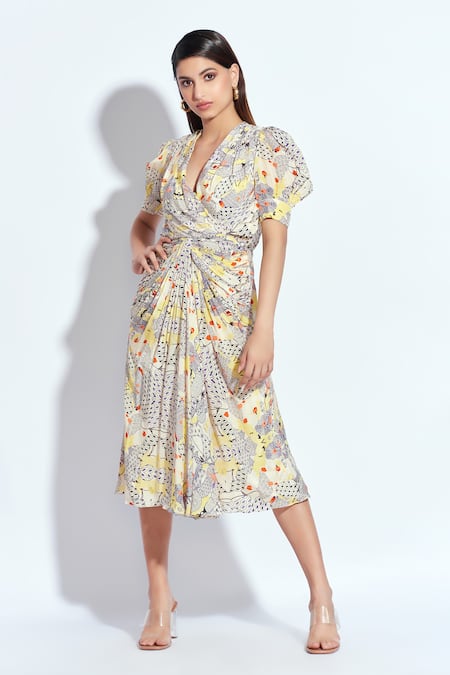 Neetiandmudita Multi Color Crepe Abstract V Neck Print Drape Dress Online at Aza Fashions Neetiandmudita_Multi Color Crepe Abstract V Neck Print Drape Dress _Online_at_Aza_Fashions