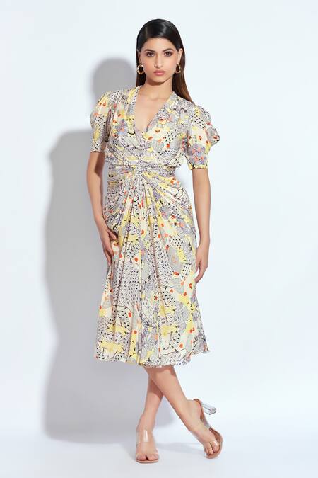 Buy Neetiandmudita Multi Color Crepe Abstract V Neck Print Drape Dress Online at Aza Fashions Buy_Neetiandmudita_Multi Color Crepe Abstract V Neck Print Drape Dress _Online_at_Aza_Fashions