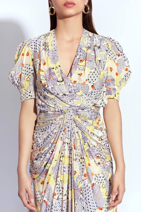 Shop Neetiandmudita Multi Color Crepe Abstract V Neck Print Drape Dress Online at Aza Fashions Shop_Neetiandmudita_Multi Color Crepe Abstract V Neck Print Drape Dress _Online_at_Aza_Fashions