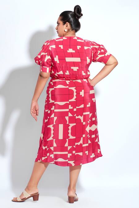 Shop Neetiandmudita Pink Crepe Tetris V Neck Print Drape Dress at Aza Fashions Shop_Neetiandmudita_Pink Crepe Tetris V Neck Print Drape Dress _at_Aza_Fashions