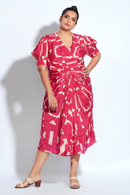 Buy Neetiandmudita Pink Crepe Tetris V Neck Print Drape Dress Online at Aza Fashions Buy_Neetiandmudita_Pink Crepe Tetris V Neck Print Drape Dress _Online_at_Aza_Fashions