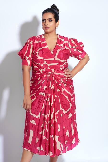 Shop Neetiandmudita Pink Crepe Tetris V Neck Print Drape Dress Online at Aza Fashions Shop_Neetiandmudita_Pink Crepe Tetris V Neck Print Drape Dress _Online_at_Aza_Fashions