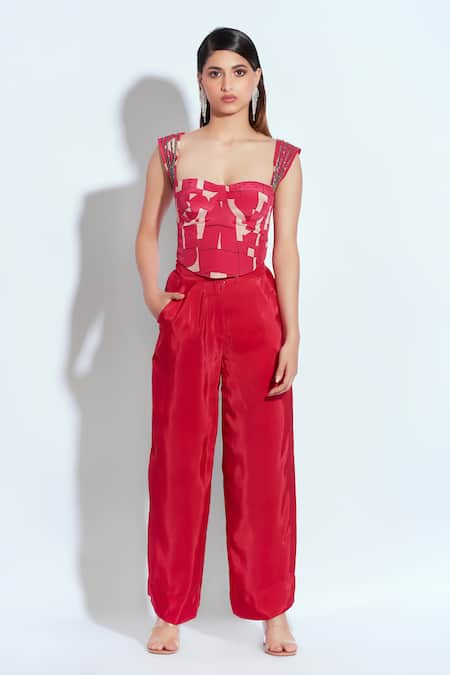 neetiandmudita Pink Crepe Rhinestone Sweetheart Tetris Pattern Corset With Solid Pant 