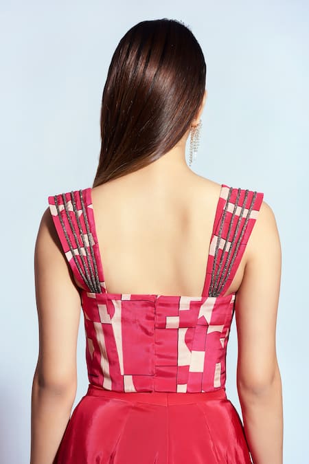 Shop Neetiandmudita Pink Crepe Rhinestone Sweetheart Tetris Pattern Corset With Solid Pant at Aza Fashions Shop_Neetiandmudita_Pink Crepe Rhinestone Sweetheart Tetris Pattern Corset With Solid Pant _at_Aza_Fashions