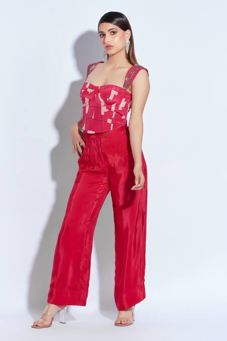 Buy Neetiandmudita Pink Crepe Rhinestone Sweetheart Tetris Pattern Corset With Solid Pant Online at Aza Fashions Buy_Neetiandmudita_Pink Crepe Rhinestone Sweetheart Tetris Pattern Corset With Solid Pant _Online_at_Aza_Fashions