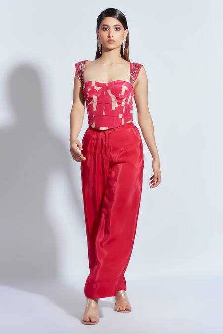Shop Neetiandmudita Pink Crepe Rhinestone Sweetheart Tetris Pattern Corset With Solid Pant Online at Aza Fashions Shop_Neetiandmudita_Pink Crepe Rhinestone Sweetheart Tetris Pattern Corset With Solid Pant _Online_at_Aza_Fashions