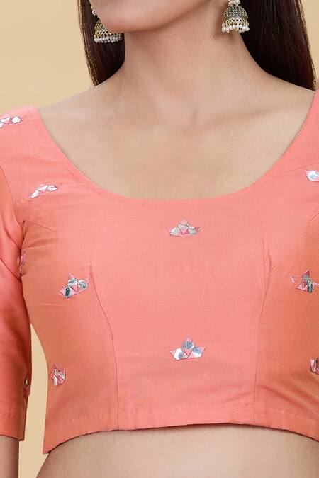 Kalakaari By Sagarika Peach Spandex Mirrors Round Neck Detailed Blouse at Aza Fashions Kalakaari By Sagarika_Peach Spandex Mirrors Round Neck Detailed Blouse _at_Aza_Fashions