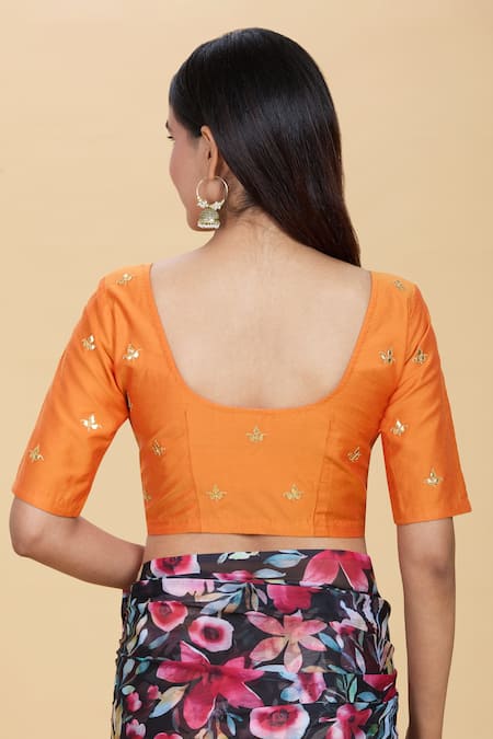 Shop Kalakaari By Sagarika Orange Silk Embroidery Round Neck Blouse at Aza Fashions Shop_Kalakaari By Sagarika_Orange Silk Embroidery Round Neck Blouse _at_Aza_Fashions