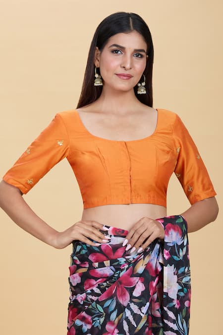 Buy Kalakaari By Sagarika Orange Silk Embroidery Round Neck Blouse Online at Aza Fashions Buy_Kalakaari By Sagarika_Orange Silk Embroidery Round Neck Blouse _Online_at_Aza_Fashions