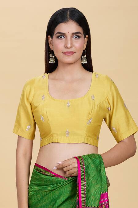 Kalakaari By Sagarika_Yellow Embroidery Round Neck Floral Blouse _Online_at_Aza_Fashions