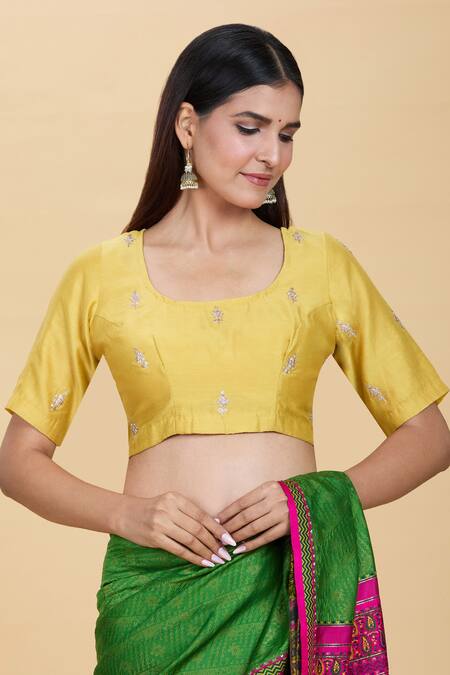 Buy_Kalakaari By Sagarika_Yellow Embroidery Round Neck Floral Blouse _Online_at_Aza_Fashions