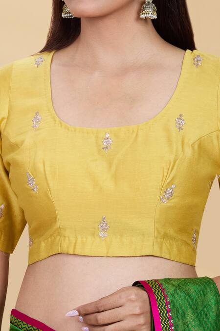 Shop_Kalakaari By Sagarika_Yellow Embroidery Round Neck Floral Blouse _Online_at_Aza_Fashions