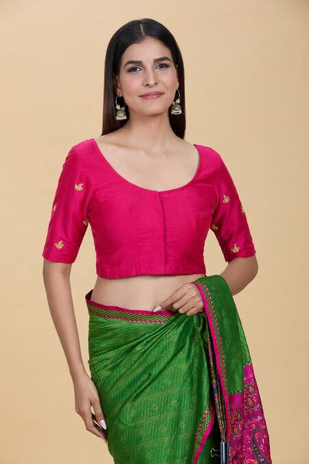 Kalakaari By Sagarika Pink Silk Embroidery Round Neck Gota Blouse Online at Aza Fashions Kalakaari By Sagarika_Pink Silk Embroidery Round Neck Gota Blouse _Online_at_Aza_Fashions