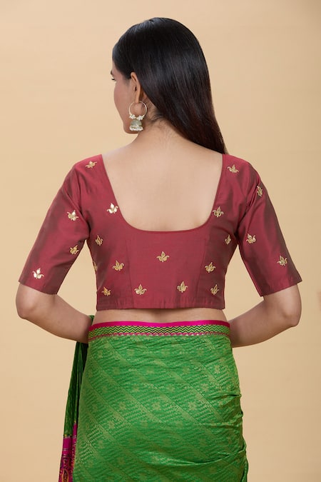 Shop Kalakaari By Sagarika Maroon Silk Gota Patti Round Neck Contrast Hand Embroidered Blouse at Aza Fashions Shop_Kalakaari By Sagarika_Maroon Silk Gota Patti Round Neck Contrast Hand Embroidered Blouse _at_Aza_Fashions
