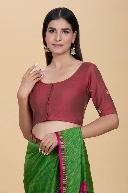 Kalakaari By Sagarika Maroon Silk Gota Patti Round Neck Contrast Hand Embroidered Blouse Online at Aza Fashions Kalakaari By Sagarika_Maroon Silk Gota Patti Round Neck Contrast Hand Embroidered Blouse _Online_at_Aza_Fashions