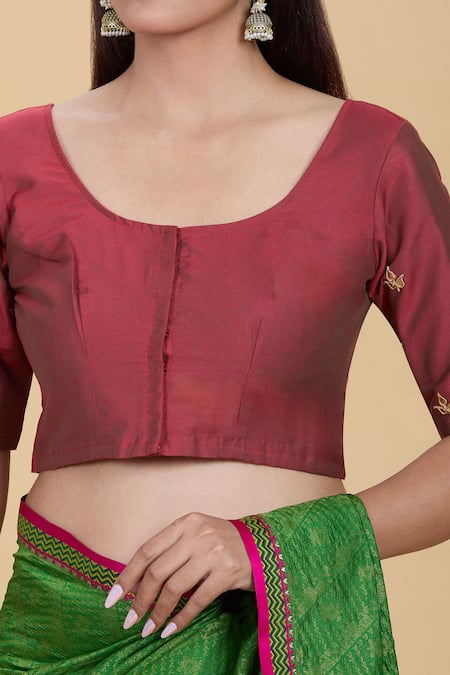 Shop Kalakaari By Sagarika Maroon Silk Gota Patti Round Neck Contrast Hand Embroidered Blouse Online at Aza Fashions Shop_Kalakaari By Sagarika_Maroon Silk Gota Patti Round Neck Contrast Hand Embroidered Blouse _Online_at_Aza_Fashions