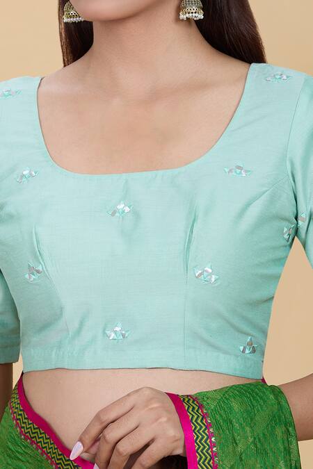 Shop Kalakaari By Sagarika Green Silk Mirrors Round Neck Embroidered Blouse Online at Aza Fashions Shop_Kalakaari By Sagarika_Green Silk Mirrors Round Neck Embroidered Blouse _Online_at_Aza_Fashions