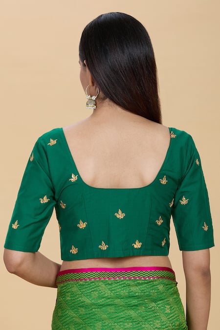 Shop Kalakaari By Sagarika Green Silk Gota Patti Round Neck Contrast Hand Embroidered Blouse at Aza Fashions Shop_Kalakaari By Sagarika_Green Silk Gota Patti Round Neck Contrast Hand Embroidered Blouse _at_Aza_Fashions