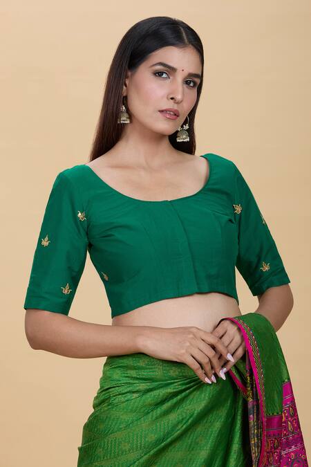 Buy Kalakaari By Sagarika Green Silk Gota Patti Round Neck Contrast Hand Embroidered Blouse Online at Aza Fashions Buy_Kalakaari By Sagarika_Green Silk Gota Patti Round Neck Contrast Hand Embroidered Blouse _Online_at_Aza_Fashions