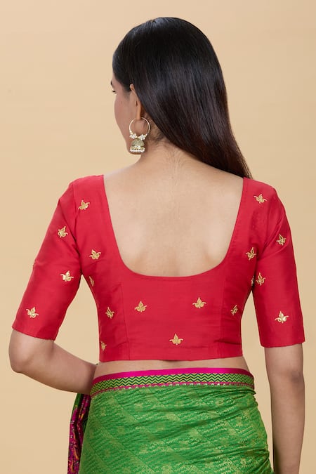 Shop Kalakaari By Sagarika Red Embroidery Round Neck Gota Patti Blouse at Aza Fashions Shop_Kalakaari By Sagarika_Red Embroidery Round Neck Gota Patti Blouse _at_Aza_Fashions