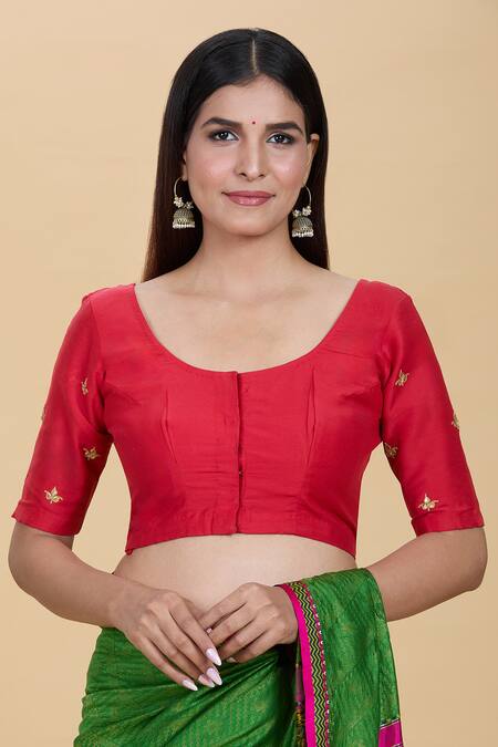 Kalakaari By Sagarika Red Embroidery Round Neck Gota Patti Blouse Online at Aza Fashions Kalakaari By Sagarika_Red Embroidery Round Neck Gota Patti Blouse _Online_at_Aza_Fashions