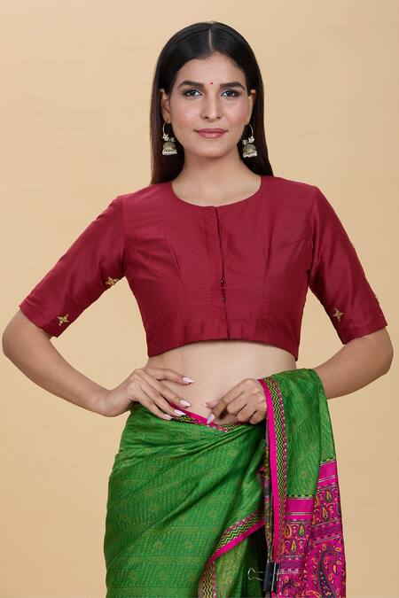 Buy_Kalakaari By Sagarika_Red Silk Embroidery Round Neck Marodi Blouse _Online_at_Aza_Fashions