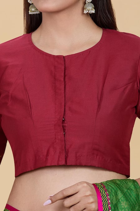 Kalakaari By Sagarika_Red Silk Embroidery Round Neck Marodi Blouse _at_Aza_Fashions