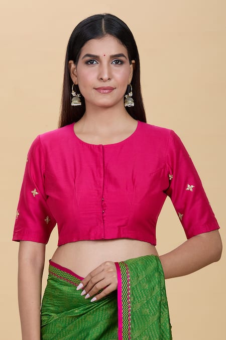 Kalakaari By Sagarika_Pink Silk Embroidery Round Neck Marodi Hand Blouse _Online_at_Aza_Fashions