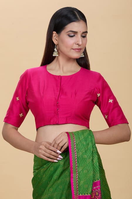 Buy_Kalakaari By Sagarika_Pink Silk Embroidery Round Neck Marodi Hand Blouse _Online_at_Aza_Fashions