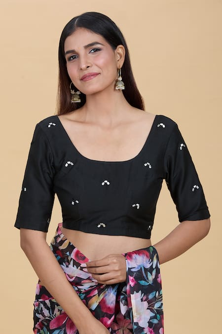 Kalakaari By Sagarika_Black Spandex Mirrors Round Neck Work Detailed Blouse _Online_at_Aza_Fashions