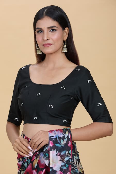 Buy_Kalakaari By Sagarika_Black Spandex Mirrors Round Neck Work Detailed Blouse _Online_at_Aza_Fashions