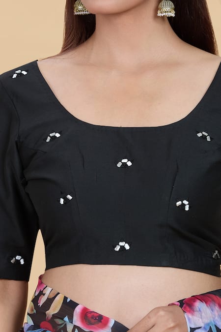 Shop_Kalakaari By Sagarika_Black Spandex Mirrors Round Neck Work Detailed Blouse _Online_at_Aza_Fashions