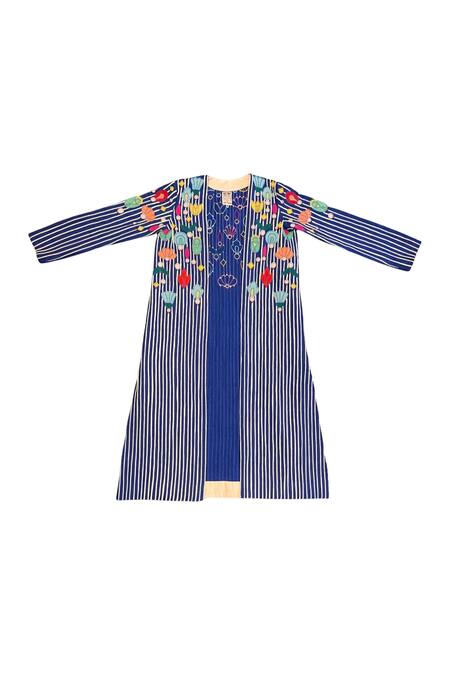 Buy_KA-Sha_Blue Cotton Applique Open Krish Floral Jacket _Online_at_Aza_Fashions