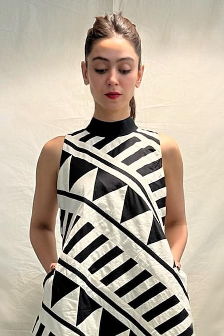 Shop_KA-Sha_Black Cotton Applique Band Collar Lino Geometric Dress _at_Aza_Fashions
