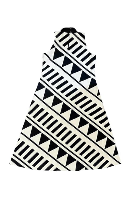 Buy_KA-Sha_Black Cotton Applique Band Collar Lino Geometric Dress _Online_at_Aza_Fashions