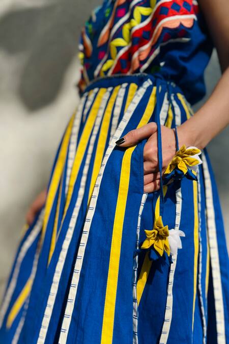 KA-Sha_Blue Cotton Applique Mona Striped Skirt _Online_at_Aza_Fashions