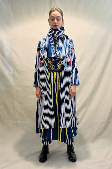 Buy_KA-Sha_Blue Cotton Applique Mona Striped Skirt _Online_at_Aza_Fashions