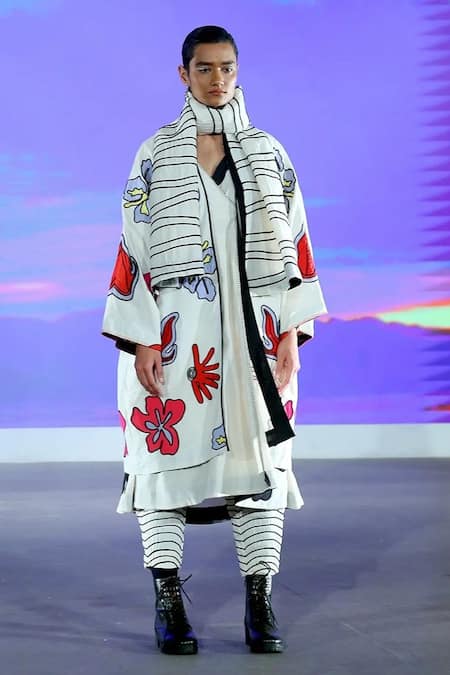 Ka-Sha Off White Kora Cotton Applique Open Phoolan Floral Jacket 