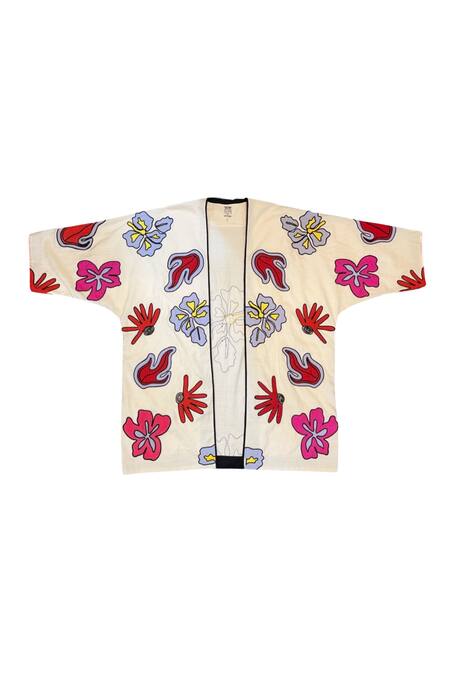 KA-Sha_Off White Kora Cotton Applique Open Phoolan Floral Jacket _Online_at_Aza_Fashions