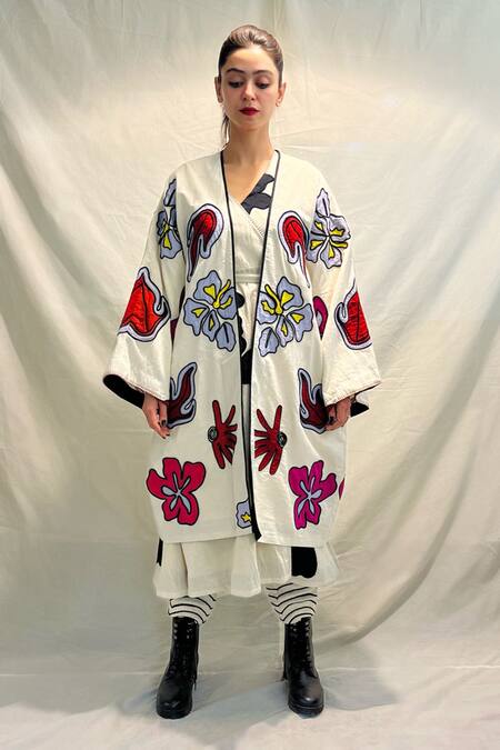 Shop_KA-Sha_Off White Kora Cotton Applique Open Phoolan Floral Jacket _Online_at_Aza_Fashions