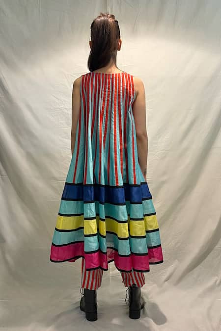 Shop_KA-Sha_Sky Blue Chanderi Applique V-neck Pico Dress _at_Aza_Fashions