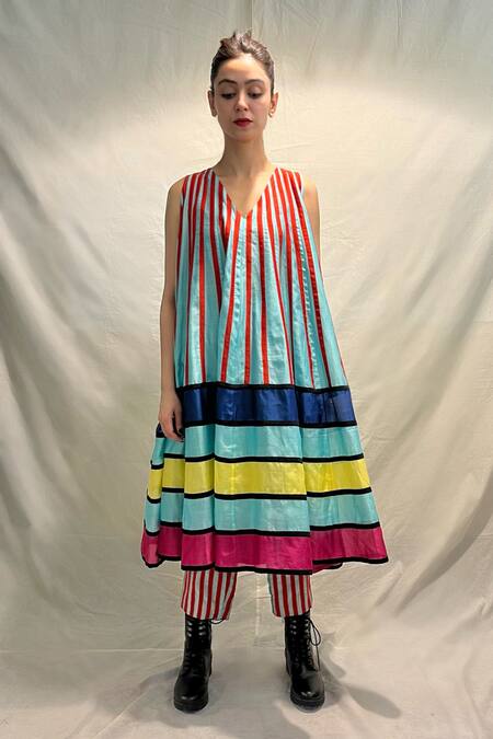 KA-Sha_Sky Blue Chanderi Applique V-neck Pico Dress _Online_at_Aza_Fashions