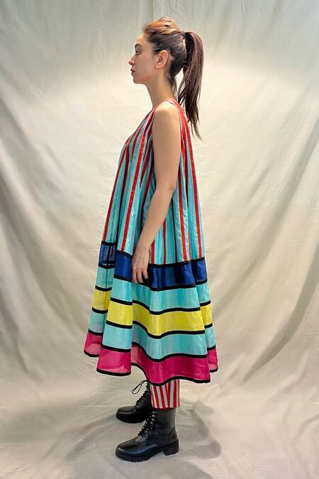 Shop_KA-Sha_Sky Blue Chanderi Applique V-neck Pico Dress _Online_at_Aza_Fashions