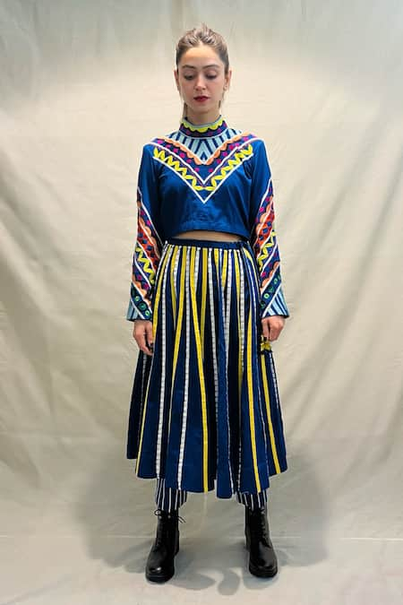 Ka-Sha Blue Cotton Applique Band Collar Rangeela Geometric Crop Top 